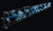<strong>Figure 1:</strong> 3D map of the cosmic web at a distance of 10.8 billion light years from Earth. The map was generated from imprints of hydrogen gas observed in the spectrum of 24 background galaxies, which are located behind the volume being mapped. This is the first time that large-scale structures in such a distant part of the Universe have been mapped directly. The coloring represents the density of hydrogen gas tracing the cosmic web, with brighter colors representing higher density.