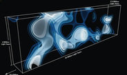 <strong>Figure 2:</strong> Close-up of 3D map of the distant Universe created by MPIA and UC astronomers. The filamentary structures seen in this map span distances of millions of light years, and represent the cosmic web at an earlier stage of cosmic evolution when the Universe was less than a quarter of its current age. The region of space seen here is at a distance of 10.8 billion years from Earth. The coloring represents the density of hydrogen gas tracing the cosmic web, with brighter colors representing higher density. The coloring represents the density of hydrogen gas tracing the cosmic web, with brighter colors representing higher density.