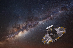 An artist's impression of the Gaia spacecraft, with the Milky Way in the background.