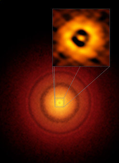 ALMA-Bild der protoplanetaren Scheibe um den jungen Stern TW Hydrae. Die in beiden Bildern sichtbaren ringförmigen Lücken könnten auf das Vorhandensein von Planeten hindeuten. Das Zoombild zeigt die innere Scheibenregion. Dort befindet sich eine Lücke, deren Abstand vom Stern dem Abstand der Erde von der Sonne entspricht.