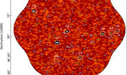 Figure 3: ALMA 1.2-mm signal-to-noise continuum mosaic map obtained in the HUDF. Black and white contours show positive and negative brightness, respectively. (Negative values are an artefact of the measurement principle of ALMA, which is not sensitive to flux on larger-size scales.) Contours indicate a brightness of 12.7 μJy per beam times ±2, 3, 4, 5, 8, 12, 20 and 40. The boxes show the position of the sources detected. C2 contains two of the galaxies.