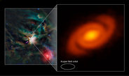 Infrared image of the Rho Ophiuchi star formation region at a distance of 450 light years (left). The image on the right shows thermal dust emission from the protoplanetary disk surrounding the young star Elias 2-27.