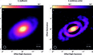 Figure 2: The circumstellar disk of Elias 2-27 contains prominent spiral structures. The disk is inclined to our line-of-sight in an angle of roughly 55 degrees (0 degrees: disk appears face-on, 90 degrees: disk appears edge-on). Hence, geometrical shapes appear distorted. LEFT: The original intensity distribution, in a logarithmic colour stretch. RIGHT: The data have been contrast-enhanced by applying a so-called unsharp-masking filter. Here, the intensity has been smoothed by a Gaussian filter, scaled by a factor of 0.87, and then subtracted from the original image. This drastically improves the visibility of the spiral structures in the Elias 2-27 disk.