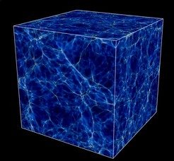 Figure 1: Volume rendering of the output from a supercomputer simulation showing part of the cosmic web, 11.5 billion years ago. This and other models of the universe were generated and directly compared with quasar pair data in order to measure the small-scale ripples in the cosmic web. The cube is 24 million light-years on a side.