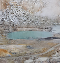 A warm little pond on present day Earth, on the Bumpass Hell trail in Lassen Volcanic National Park in California. The warm little ponds that are prime candidates for the birthplace of life on Earth probably looked somewhat similar.