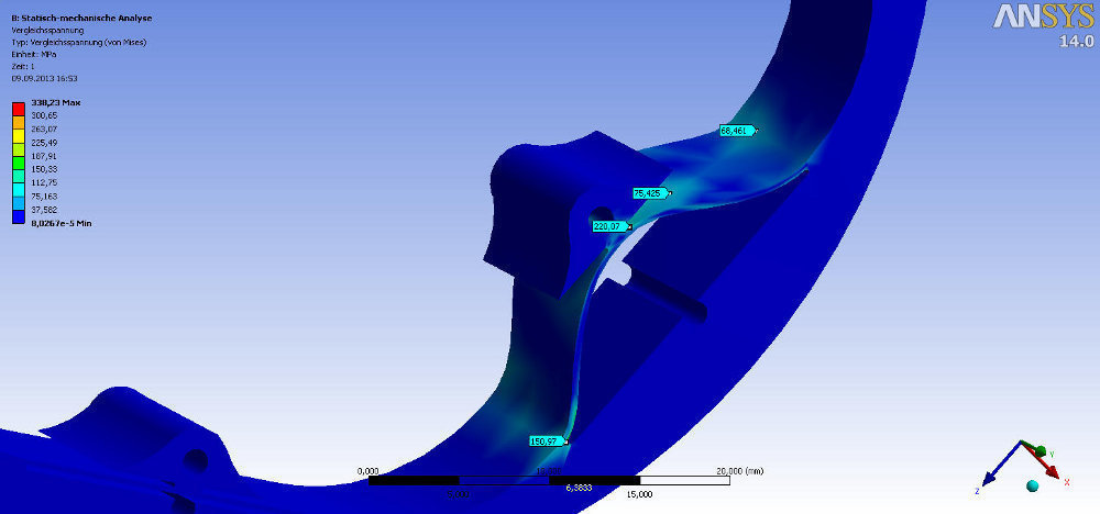 Calculation of the maximal stress in a spring element at the transition from titanium to aluminum at an operating temperature of 60 K.<br /><br />