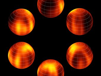 Abbildung 1: Verschiedene Ansichten der Oberflächenkarte des Braunen Zwergs Luhman 16B. Abbildung 1: Verschiedene Ansichten der Oberflächenkarte des Braunen Zwergs Luhman 16B.