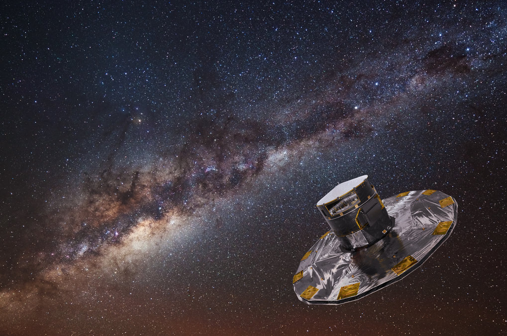 An artist's impression of the Gaia spacecraft, with the Milky Way in the background.