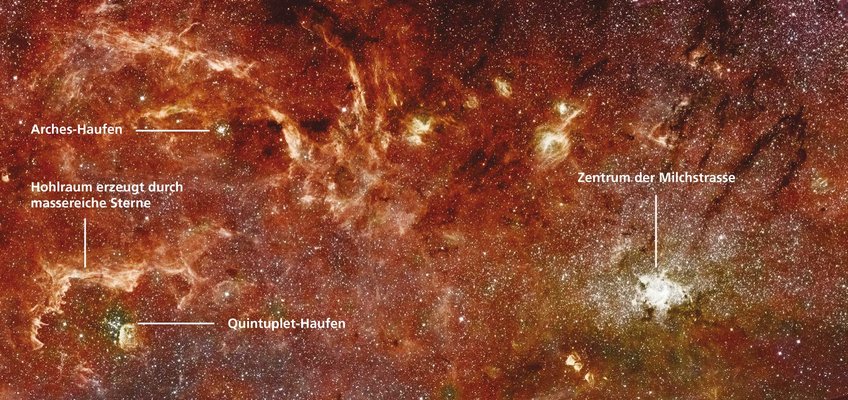 Abb. 1: Die Sternhaufen Arches- und Quintuplet-Haufen im Zentrum der Milchstraße: Die Wind- und Strahlungskräfte der massereichsten Sterne im Quintuplet-Haufen haben eine Art Höhle in die umgebenden Gaswolken gefressen (im Bild markiert). Auf ähnliche Weise werden auch die Staubscheiben um nahe Sterne in dieser strahlungsreichen Umgebung angegriffen. Weiteres Bildmaterial und hochaufgelöste Versionen siehe unten auf dieser Seite. Abb. 1: Die Sternhaufen Arches- und Quintuplet-Haufen im Zentrum der Milchstraße: Die Wind- und Strahlungskräfte der massereichsten Sterne im Quintuplet-Haufen haben eine Art Höhle in die umgebenden Gaswolken gefressen (im Bild markiert). Auf ähnliche Weise werden auch die Staubscheiben um nahe Sterne in dieser strahlungsreichen Umgebung angegriffen. Weiteres Bildmaterial und hochaufgelöste Versionen siehe unten auf dieser Seite.