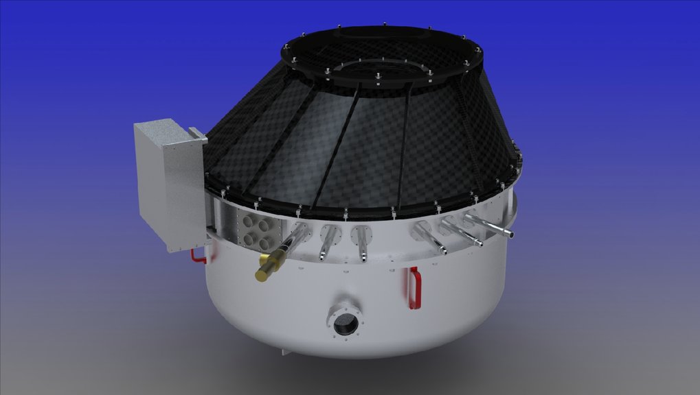 Fotorealistische Darstellung (Computermodell) der Nah-Infrarot-Kamera "PANIC" für das 2,2m-Teleskop auf dem Calar Alto in Spanien. Die Kamera ist über einen Adapter aus kohlefaserverstärktem Kunststoff mit dem Teleskop verbunden.