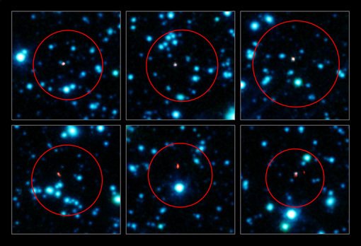 Abbildung 2: Ein Astronomenteam unter Beteiligung von MPIA-Forschern hat mit dem neuen Atacama Large Millimeter/submillimeter Array (ALMA) die Positionen von über 100 Galaxien im frühen Universum genau bestimmt, in denen besonders viele Sterne entstanden sind. In dieser Zusammenstellung sind sechs dieser Galaxien (in rot dargestellt) aus den scharfen, neuen Aufnahmen von ALMA gezeigt. Die ALMA-Aufnahmen im Submillimeterbereich wurden über eine Infrarotaufnahme (in blau dargestellt) der IRAC-Kamera des Spitzer-Weltraumteleskops gelegt. Die großen, roten Kreise zeigen die Regionen an, in denen die Galaxien in einer vorangehenden Durchmusterung mit dem APEX-Teleskop detektiert worden waren. Dessen Bilder erreichten freilich nicht die nötige Schärfe, um die eigentlichen Galaxien eindeutig zu identifizieren, so dass viele mögliche Kandidaten im roten Kreis auftauchen. Abbildung 2: Ein Astronomenteam unter Beteiligung von MPIA-Forschern hat mit dem neuen Atacama Large Millimeter/submillimeter Array (ALMA) die Positionen von über 100 Galaxien im frühen Universum genau bestimmt, in denen besonders viele Sterne entstanden sind. In dieser Zusammenstellung sind sechs dieser Galaxien (in rot dargestellt) aus den scharfen, neuen Aufnahmen von ALMA gezeigt. Die ALMA-Aufnahmen im Submillimeterbereich wurden über eine Infrarotaufnahme (in blau dargestellt) der IRAC-Kamera des Spitzer-Weltraumteleskops gelegt. Die großen, roten Kreise zeigen die Regionen an, in denen die Galaxien in einer vorangehenden Durchmusterung mit dem APEX-Teleskop detektiert worden waren. Dessen Bilder erreichten freilich nicht die nötige Schärfe, um die eigentlichen Galaxien eindeutig zu identifizieren, so dass viele mögliche Kandidaten im roten Kreis auftauchen.