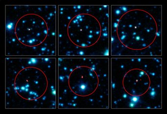 Abbildung 2: Ein Astronomenteam unter Beteiligung von MPIA-Forschern hat mit dem neuen Atacama Large Millimeter/submillimeter Array (ALMA) die Positionen von über 100 Galaxien im frühen Universum genau bestimmt, in denen besonders viele Sterne entstanden sind. In dieser Zusammenstellung sind sechs dieser Galaxien (in rot dargestellt) aus den scharfen, neuen Aufnahmen von ALMA gezeigt. Die ALMA-Aufnahmen im Submillimeterbereich wurden über eine Infrarotaufnahme (in blau dargestellt) der IRAC-Kamera des Spitzer-Weltraumteleskops gelegt. Die großen, roten Kreise zeigen die Regionen an, in denen die Galaxien in einer vorangehenden Durchmusterung mit dem APEX-Teleskop detektiert worden waren. Dessen Bilder erreichten freilich nicht die nötige Schärfe, um die eigentlichen Galaxien eindeutig zu identifizieren, so dass viele mögliche Kandidaten im roten Kreis auftauchen. Abbildung 2: Ein Astronomenteam unter Beteiligung von MPIA-Forschern hat mit dem neuen Atacama Large Millimeter/submillimeter Array (ALMA) die Positionen von über 100 Galaxien im frühen Universum genau bestimmt, in denen besonders viele Sterne entstanden sind. In dieser Zusammenstellung sind sechs dieser Galaxien (in rot dargestellt) aus den scharfen, neuen Aufnahmen von ALMA gezeigt. Die ALMA-Aufnahmen im Submillimeterbereich wurden über eine Infrarotaufnahme (in blau dargestellt) der IRAC-Kamera des Spitzer-Weltraumteleskops gelegt. Die großen, roten Kreise zeigen die Regionen an, in denen die Galaxien in einer vorangehenden Durchmusterung mit dem APEX-Teleskop detektiert worden waren. Dessen Bilder erreichten freilich nicht die nötige Schärfe, um die eigentlichen Galaxien eindeutig zu identifizieren, so dass viele mögliche Kandidaten im roten Kreis auftauchen.
