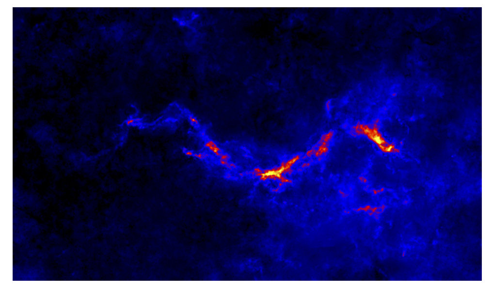 <p>“Column density map of the giant filamentary cloud, “The Snake”. <br /> Kainulainen’s group will derive similar maps for thousands of molecular clouds in the Milky Way to study how the clouds fragment and form new stars.</p>
<p> </p>