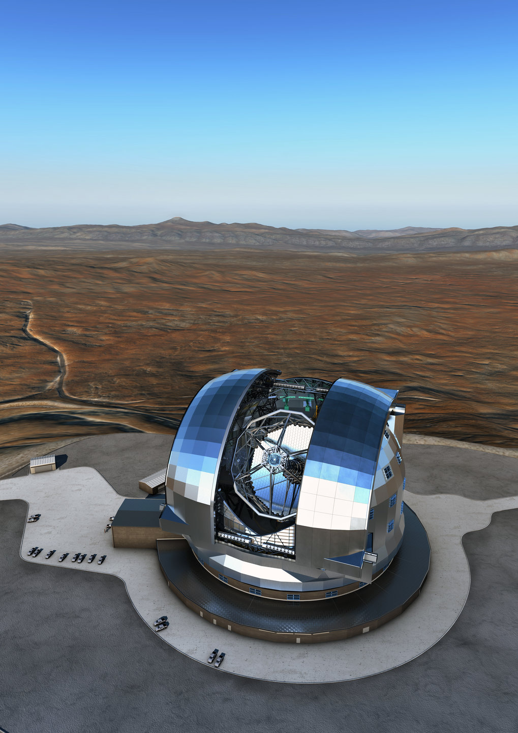 An artist's rendering of the European Extremely Large Telescope (E-ELT) in the Chilean Atacama Desert. Construction started in 2014 and first light is targeted for 2024.