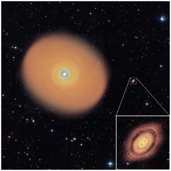Künstlerische Darstellung der großen Gas- und Staubscheibe rund um den massereichen jungen Stern AFGL 4176 (links) im Größenvergleich mit der jüngst mit ALMA direkt beobachteten Scheibe um den Stern HL Tauri, der eine geringere Masse besitzt (rechts und kleines Bild). Künstlerische Darstellung der großen Gas- und Staubscheibe rund um den massereichen jungen Stern AFGL 4176 (links) im Größenvergleich mit der jüngst mit ALMA direkt beobachteten Scheibe um den Stern HL Tauri, der eine geringere Masse besitzt (rechts und kleines Bild).