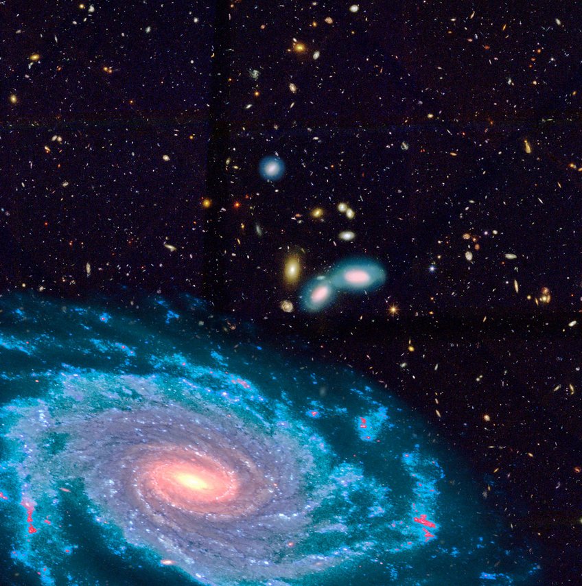Abb. 1: Massereiche ferne Galaxien besitzen, ähnlich unserem Milchstraßensystem, eine scheibenartige Form, aber ihr Gasgehalt, und deshalb auch ihre Sternbildungsaktivität ist wesentlich höher. Abb. 1: Massereiche ferne Galaxien besitzen, ähnlich unserem Milchstraßensystem, eine scheibenartige Form, aber ihr Gasgehalt, und deshalb auch ihre Sternbildungsaktivität ist wesentlich höher.