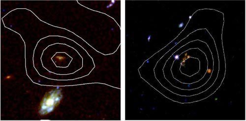 Abb.2: Diese mit dem Weltraumteleskop Hubble gewonnenen Aufnahmen zeigen die beiden fernen, massereichen Galaxien (jeweils in der Bildmitte), deren Gehalt an molekularem Gas (weiße Konturen) jetzt erstmals bestimmt werden konnte. Abb.2: Diese mit dem Weltraumteleskop Hubble gewonnenen Aufnahmen zeigen die beiden fernen, massereichen Galaxien (jeweils in der Bildmitte), deren Gehalt an molekularem Gas (weiße Konturen) jetzt erstmals bestimmt werden konnte.