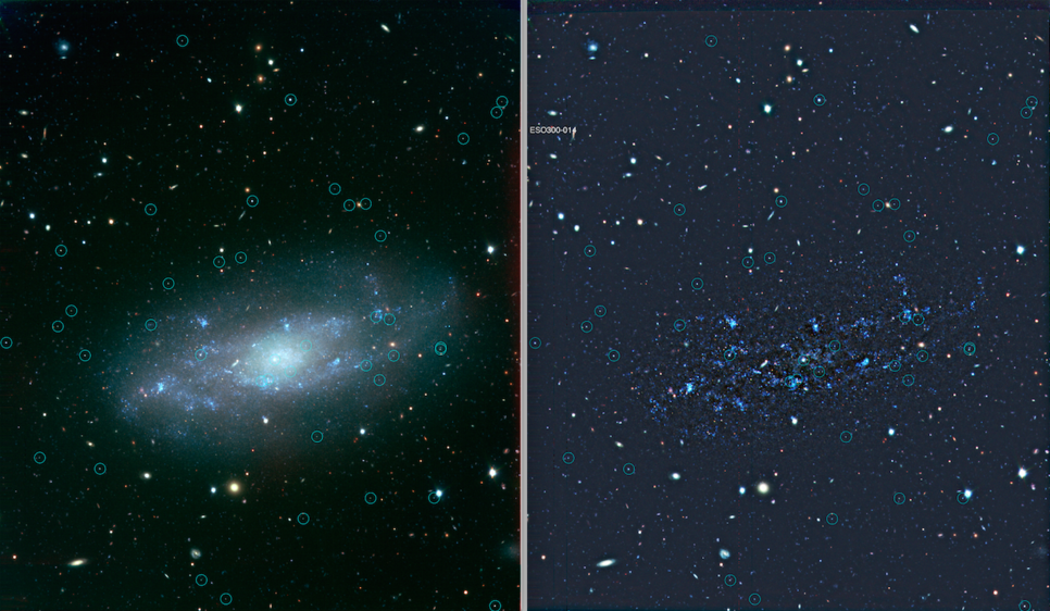 A dIrr galaxy, observed with ESO VLT/VIMOS B,V,I imaging, is shown to the far left and with the background galaxy light subtracted to the right of it.