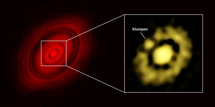 Abbildung 2: Die protoplanetare Staubscheibe um den jungen Stern HL Tauri, links: frühere Beobachtungen mit dem ALMA-Observatorium, die durch Lücken getrennte helle Lücken zeigten; rechts: die neuen Beobachtungen mit dem VLA, die zusätzliche Strukturen der inneren Ringe sichtbar machen. Bei dem als Klumpen gekennzeichneten Objekt dürfte es sich um ein Planetenembryo handeln - eine Region, in der gerade ein Planet entsteht. Abbildung 2: Die protoplanetare Staubscheibe um den jungen Stern HL Tauri, links: frühere Beobachtungen mit dem ALMA-Observatorium, die durch Lücken getrennte helle Lücken zeigten; rechts: die neuen Beobachtungen mit dem VLA, die zusätzliche Strukturen der inneren Ringe sichtbar machen. Bei dem als Klumpen gekennzeichneten Objekt dürfte es sich um ein Planetenembryo handeln - eine Region, in der gerade ein Planet entsteht.