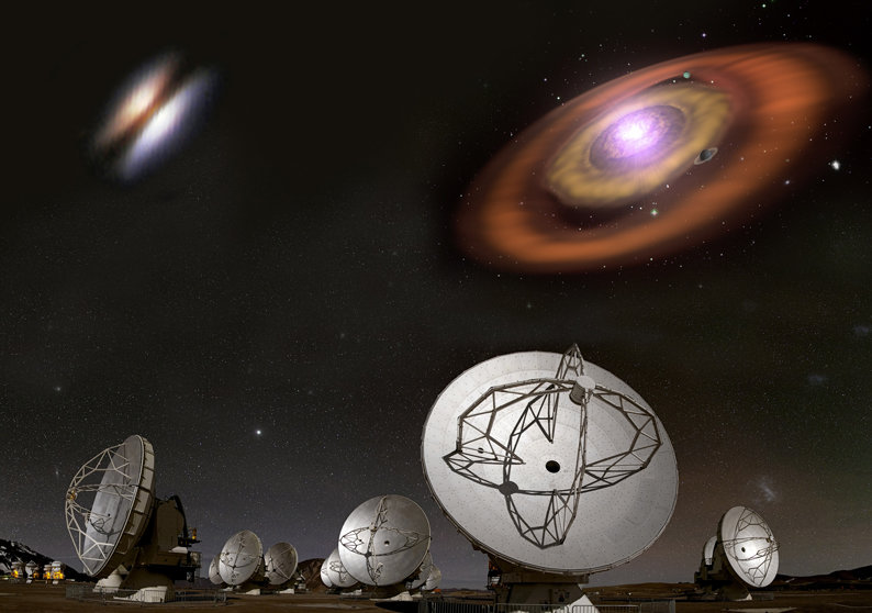 (Top left) Near infrared HST/NICMOS2 image of the Flying Saucer protoplanetary disk seen almost edge-on. The dark lane in the center is due to small dust grains absorbing and blocking the light from the young star. The bright lobes are produced by the stellar light scattered by the dust at elevated heights from the disk central plane (credit: ESO). (Top right) An artist's impression of a protoplanetary disk made of gas and dust where a planetary system is forming. The most massive planetary body cleared its orbit from the gas and dust debris, creating a clearly visible gap (credit: MPIA). (Bottom) The night photo of the radio antennas of the Atacama Large Millimeter Array (ALMA) in St.-Pedro de Atacama desert, Chile. This is one of the largest (sub)-millimeter interferometers in the world, with which astronomers hope to unravel mysteries of star and planet formation.