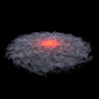 Künstlerische Darstellung der Gas- und Staubscheibe um das planetenartige Objekt OTS44. Erste Radiobeobachtungen sprechen dafür, dass OTS44 auf ähnliche Weise entstanden ist wie ein junger Stern. Künstlerische Darstellung der Gas- und Staubscheibe um das planetenartige Objekt OTS44. Erste Radiobeobachtungen sprechen dafür, dass OTS44 auf ähnliche Weise entstanden ist wie ein junger Stern.