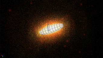 Kosmische Spindel. Diese elliptische Galaxie ist zigarrenförmig, und ähnlich wie bei einer Spindel rotiert sie im Mittel um ihre Längsachse. Das Hintergrundbild ist ein Schnappschuss einer Simulation von A. Tsatsi und Kollegen. Kosmische Spindel. Diese elliptische Galaxie ist zigarrenförmig, und ähnlich wie bei einer Spindel rotiert sie im Mittel um ihre Längsachse. Das Hintergrundbild ist ein Schnappschuss einer Simulation von A. Tsatsi und Kollegen.