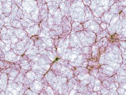 Dünner Schnitt durch die kosmische Großraumstruktur in der größten Simulation des Illustris-TNG Projekts. Die Bildhelligkeit zeigt die Massendichte und der Farbton die mittlere Gastemperatur der herkömmlichen (ȒbaryonischenȐ) Materie. Die dargestellte Region erstreckt sich von links nach Field Code Changed rechts über 1.2 Milliarden Lichtjahre. Die zugrunde liegende Rechnung ist die gegenwärtig größte magneto-hydrodynamische Simulation der Galaxienentstehung und verfolgt die Entwicklung von mehr als 30 Milliarden Volumenelementen und Materieteilchen.