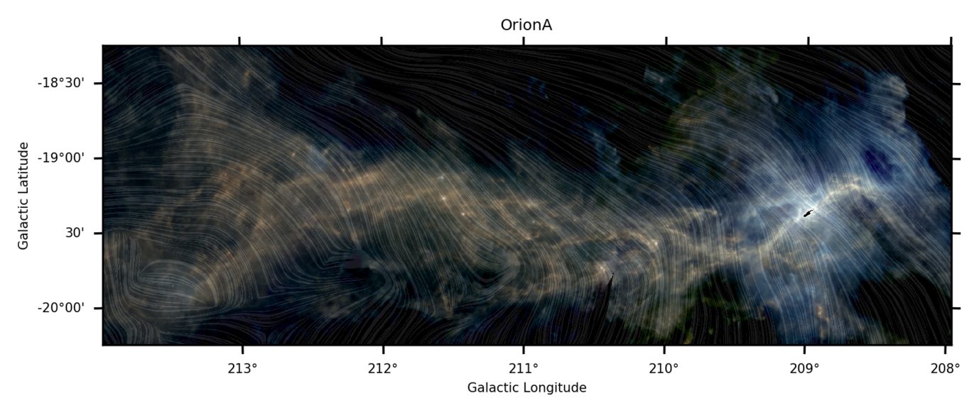 Abb. 1: Infrarotlicht und Magnetfeldlinien in Richtung der Orion A-Wolke, die von den Weltraumobservatorien Herschel und Planck enthüllt werden. Mit genügend Gas, um Zehntausende von Sternen wie die Sonne zu bilden, ist dies der am nächsten gelegene Ort, wo massereiche Sterne entstehen. Die Farben kennzeichnen das Licht, das von interstellaren Staubkörnern abgegeben wird. Die grauen Bänder veranschaulichen die Ausrichtung des Magnetfeldes.