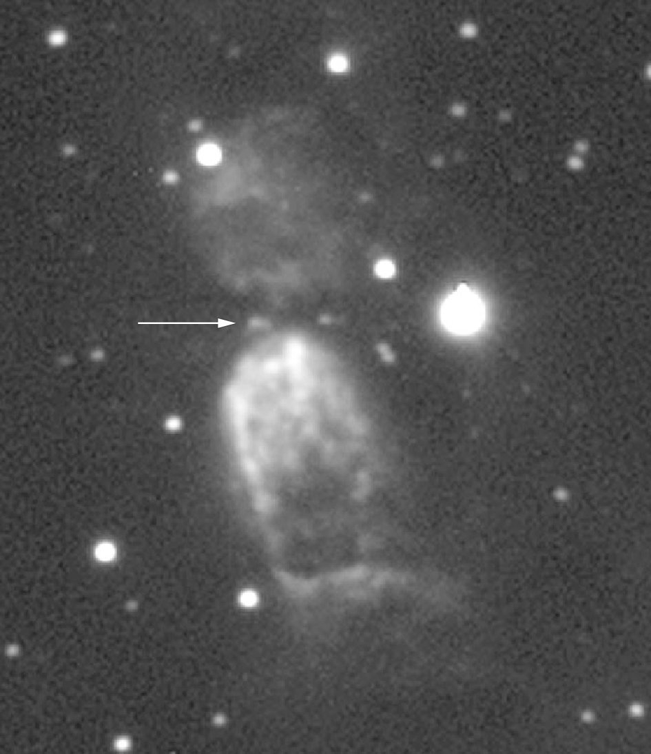 Der bipolare Nebel S106, aufgenommen mit einer Bildwandlerkamera im nahen Infraroten mit dem 1.23-m-Teleskop am Calar Alto. Im Zentrum (Pfeil) ist der anregende junge, heiße Stern mit einer Oberflächentemperatur von 30 000 °C erkennbar. Im Optischen ist dieser Stern nicht zu sehen, da die ihn umgebende Staubscheibe sein Licht millionenfach schwächt. Der untere vom Stern wegströmende Gasflügel erscheint heller, da er auf uns zu geneigt ist. © Carlos Eiroa