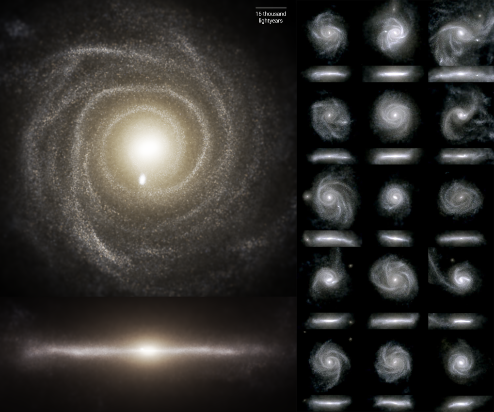 Simulierte Bilder von Scheibengalaxien aus der TNG50-Simulation im sichtbaren Licht. Jede Galaxie ist einmal in Draufsicht und einmal von der Seite gezeigt. Mit TNG50 konnten neue Erkenntnisse dazu gewonnen werden, wie solche Scheibengalaxien entstehen.
