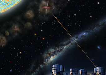 Artistic representation of the observation of distant quasars in the early Universe. The light captured by the telescopes took about 12.5 billion years from the source to Earth. Astronomers therefore see these objects only a few hundred million years after the Big Bang. The current study shows that the host galaxies of these massive black holes are surrounded by clouds of hydrogen gas. Artistic representation of the observation of distant quasars in the early Universe. The light captured by the telescopes took about 12.5 billion years from the source to Earth. Astronomers therefore see these objects only a few hundred million years after the Big Bang. The current study shows that the host galaxies of these massive black holes are surrounded by clouds of hydrogen gas.