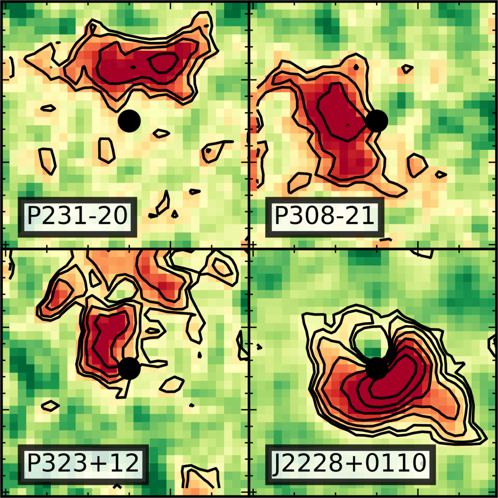 Rekonstruierte Bilder, die die Vielfalt der Verteilung von Wasserstoffgas (schwarze Konturen und rote Farben) in der Nähe von vier hochrotverschobenen Quasaren und ihren Wirtsgalaxien zeigen. Die Anteile der hellen Quasare, die durch schwarze Punkte gekennzeichnet sind, wurden entfernt. Das Gesichtsfeld dieser Bilder beträgt 6" x 6" (1“ = 1 Bogensekunde), was einer physischen Ausdehnung von etwa 100.000 Lichtjahren entspricht.