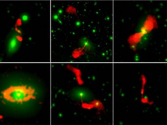 Diese Komposition aus sechs Bildern zeigt weit entfernte Galaxien. Grün sind der optisch sichtbare und der nahe Infrarotbereich dargestellt. Nur im Radiowellenbereich (rot) sind die verborgenen Aktivitäten der zentralen Schwarzen Löcher, die tief im Inneren der Galaxien liegen aber zum Energieausstoß weit über deren Grenzen hinaus führen, zu sehen. Die Radiowellen kartieren aber auch die Geburtsstätten neuer Sterne, wie am Beispiel einer nähergelegenen Galaxie zu sehen ist, wo ein heller rötlicher Ring zeigt, dass sich Sternentstehung über die gesamte Ausdehnung der Heimatgalaxie erstreckt (links unten). Diese Komposition aus sechs Bildern zeigt weit entfernte Galaxien. Grün sind der optisch sichtbare und der nahe Infrarotbereich dargestellt. Nur im Radiowellenbereich (rot) sind die verborgenen Aktivitäten der zentralen Schwarzen Löcher, die tief im Inneren der Galaxien liegen aber zum Energieausstoß weit über deren Grenzen hinaus führen, zu sehen. Die Radiowellen kartieren aber auch die Geburtsstätten neuer Sterne, wie am Beispiel einer nähergelegenen Galaxie zu sehen ist, wo ein heller rötlicher Ring zeigt, dass sich Sternentstehung über die gesamte Ausdehnung der Heimatgalaxie erstreckt (links unten).