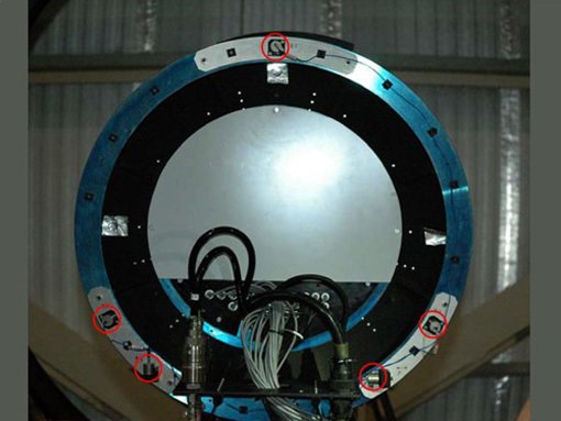 Five vibration sensors on the mount structure of one of the two adaptive secondary mirrors of the LBT. Five vibration sensors on the mount structure of one of the two adaptive secondary mirrors of the LBT.
