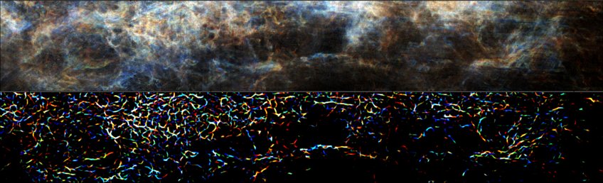 Atomic hydrogen emission from an excerpt from the THOR survey (top) and associated filamentary structures around the Magdalena filament (bottom). Colours represent the emission at three radial velocities. Atomic hydrogen emission from an excerpt from the THOR survey (top) and associated filamentary structures around the Magdalena filament (bottom). Colours represent the emission at three radial velocities.