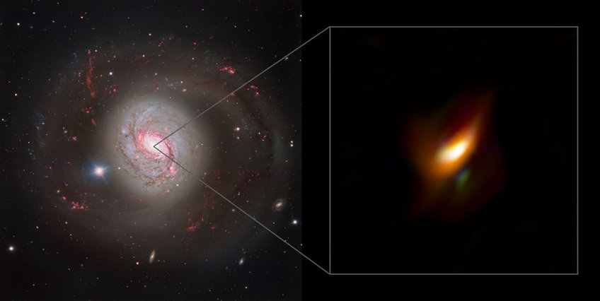 Die linke Bildhälfte zeigt einen beeindruckenden Blick auf die aktive Galaxie Messier 77, aufgenommen mit dem Instrument FOcal Reducer and low dispersion Spectrograph 2 (FORS2) am Very Large Telescope der ESO. Die rechte Hälfte des Bildes vermittelt einen vergrößerten Blick auf die innere Region dieser Galaxie, ihren aktiven galaktischen Kern, wie er mit dem Instrument MATISSE am Very Large Telescope Interferometer der ESO aufgenommen wurde. Aufnahme der Galaxie Messier 77 (links) und des Zentrums, wo der Staub durch seine Temperatur strahlt (rechts)