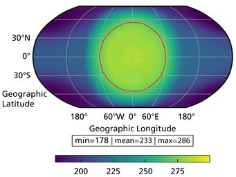 Simulated surface temperature map of Wolf 1069 b, assuming a modern Earth-like atmosphere. The map is centred at point that always faces the central star. The temperatures are given in Kelvin (K). 273.15 K corresponds to 0 °C. Liquid water would be possible on the planet’s surface inside the red line. Simulated surface temperature map of Wolf 1069 b, assuming a modern Earth-like atmosphere. The map is centred at point that always faces the central star. The temperatures are given in Kelvin (K). 273.15 K corresponds to 0 °C. Liquid water would be possible on the planet’s surface inside the red line.