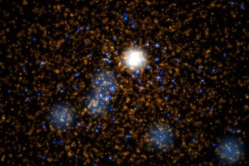 The image shows a field of many orange as well as blue dots. In the centre is a bright white circle that occupies about one ninth of the height of the image.