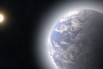 On the right, in the foreground, is a primarily blue planet with white areas and surrounded by a hazy shell. In the background on the left, we see a brightly shining disk whose diameter is about 1/6 the planet’s size. Both objects are located in front of a black background with occasional bright dots.