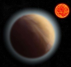 Künstlerische Darstellung des Exoplaneten GJ 1132b, der den roten Zwergstern GJ 1132 umkreist. Astronomen ist der Nachweis der Atmosphäre dieses erdähnlichen Planeten gelungen.