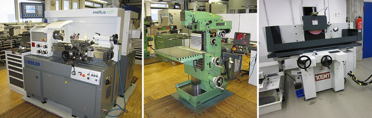 Von links nach rechts: Drehmaschine, Fräsmaschine und Schleifmaschine