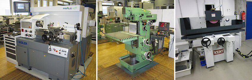 Von links nach rechts: Drehmaschine, Fräsmaschine und Schleifmaschine Von links nach rechts: Drehmaschine, Fräsmaschine und Schleifmaschine