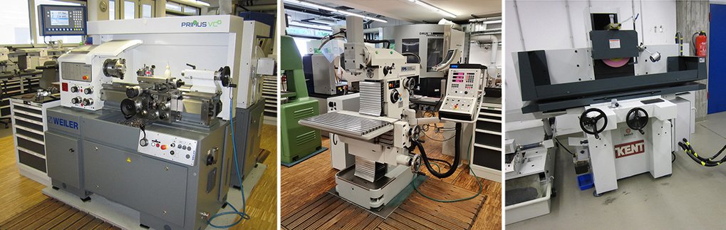Von links nach rechts: Drehmaschine, Fräsmaschine und Schleifmaschine