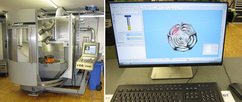 Links: 5-Achsen-CNC-FräsmaschineRechts: CAM-Programm Links: 5-Achsen-CNC-FräsmaschineRechts: CAM-Programm