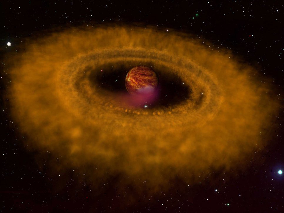 Artist's impression of the solitary object OTS44. Detailed studies by a team led by Viki Joergens showed that this object is forming in the same way stars do – by accreting matter at significant rates from a massive surrounding disk.