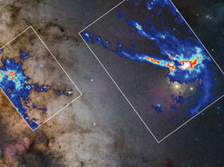 Abbildung 1: Zwei der von Kainulainen und Kollegen untersuchten Molekülwolken: Der Pfeifennebel (links) und die Rho-Ophiuchi-Dunkelwolke (rechts) vor dem Hintergrund der Milchstraße. Zu sehen ist eine normale Aufnahme der Region im sichtbaren Licht; die Kästen zeigen Karten der beiden Gaswolken, in denen sichtbar gemacht ist, in welchem Ausmaß das Licht dahinterliegender Sterne durch die Wolke abgeschwächt wird. Diese Karten bildeten die Grundlage der räumlichen Struktur der Wolken, aus denen die Astronomen ihr »Sternentstehungs-Rezept« erschlossen haben.