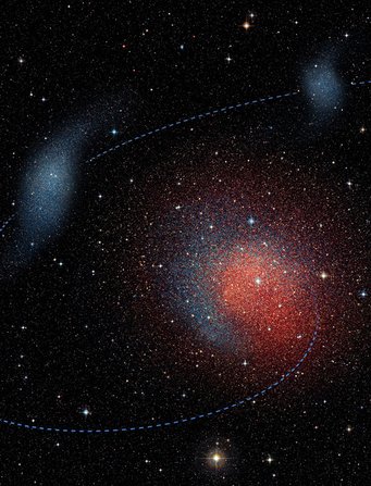 Abbildung 1: Künstlerische Darstellung der Verschmelzung zweier Vorläufergalaxien zur Zwerggalaxie Andromeda II. Abbildung 1: Künstlerische Darstellung der Verschmelzung zweier Vorläufergalaxien zur Zwerggalaxie Andromeda II.