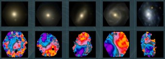 Abbildung 1: Ein Beispiel für die CALIFA-Daten: Obere Reihe: Kleine Bilder von fünf der untersuchten Galaxien Untere Reihe: Farbcodierte Geschwindigkeitskarten der gleichen Galaxien auf Basis der CALIFA-Spektren Abbildung 1: Ein Beispiel für die CALIFA-Daten: Obere Reihe: Kleine Bilder von fünf der untersuchten Galaxien Untere Reihe: Farbcodierte Geschwindigkeitskarten der gleichen Galaxien auf Basis der CALIFA-Spektren