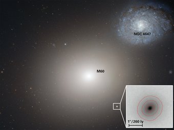 Abbildung 1: Die Aufnahme des Hubble-Weltraumteleskops zeigt in der Bildmitte die große Galaxie M60 und darunter die ultrakompakte Zwerggalaxie M60-UCD1, in der das supermassereiche Schwarze Loch gefunden wurde. Zu der Gruppe gehört auch die Spiralgalaxie NGC4647 oben rechts. Abbildung 1: Die Aufnahme des Hubble-Weltraumteleskops zeigt in der Bildmitte die große Galaxie M60 und darunter die ultrakompakte Zwerggalaxie M60-UCD1, in der das supermassereiche Schwarze Loch gefunden wurde. Zu der Gruppe gehört auch die Spiralgalaxie NGC4647 oben rechts.