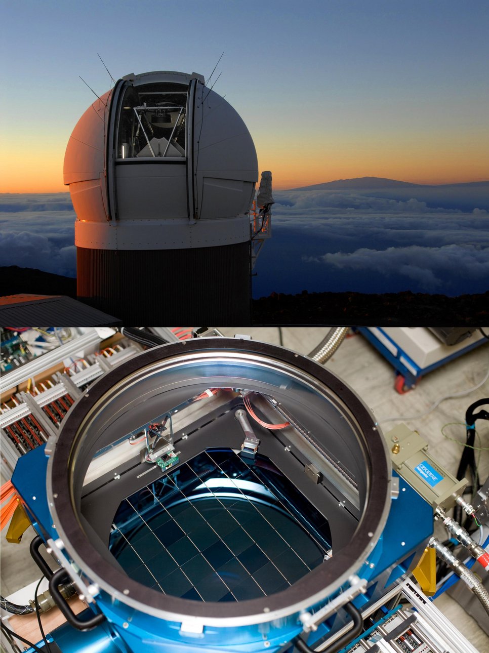 Top: The Pan-STARRS1 telescope at dawn with Mauna Kea in the background. Bottom: The gigapixel camera GPC1 undergoing final assembly in Manoa, June 2007. The circular aperture above the focal plane holds the third lens of the telescope corrector.